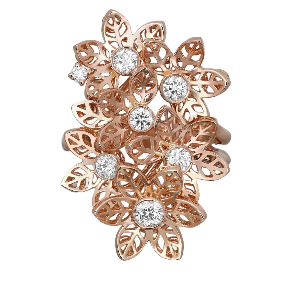 Crivelli 18K Rose Gold Diamond Flower Cocktail Ring 0.77ctw Size 6: Crivelli 18K Rose Gold Diamond Flower Cocktail Ring 0.77ctw Size 6 Exquisite Crivelli Diamond Flower Cocktail Ring crafted in luxurious 18K rose gold. This stunning ring features a floral design adorn