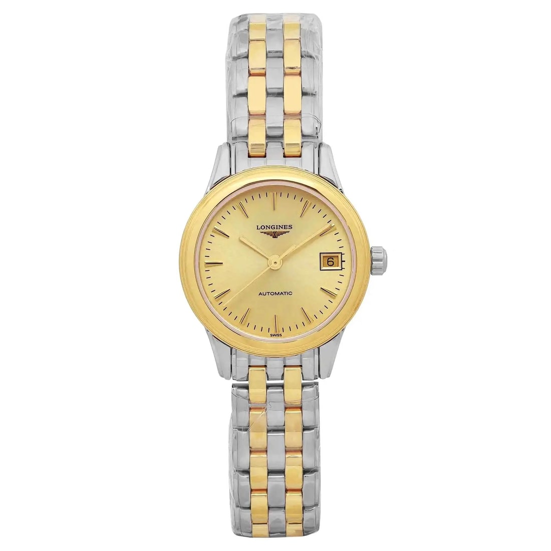 Longines Flagship 26mm Automatic Ladies Watch L4.274.3.32.7 Champagne Dial Gold Accents: Longines Flagship 26mm Automatic Ladies Watch L4.274.3.32.7 Champagne Dial Gold Accents Discover the elegance of the Longines Flagship ladies' watch, featuring a striking 26mm round case crafted from