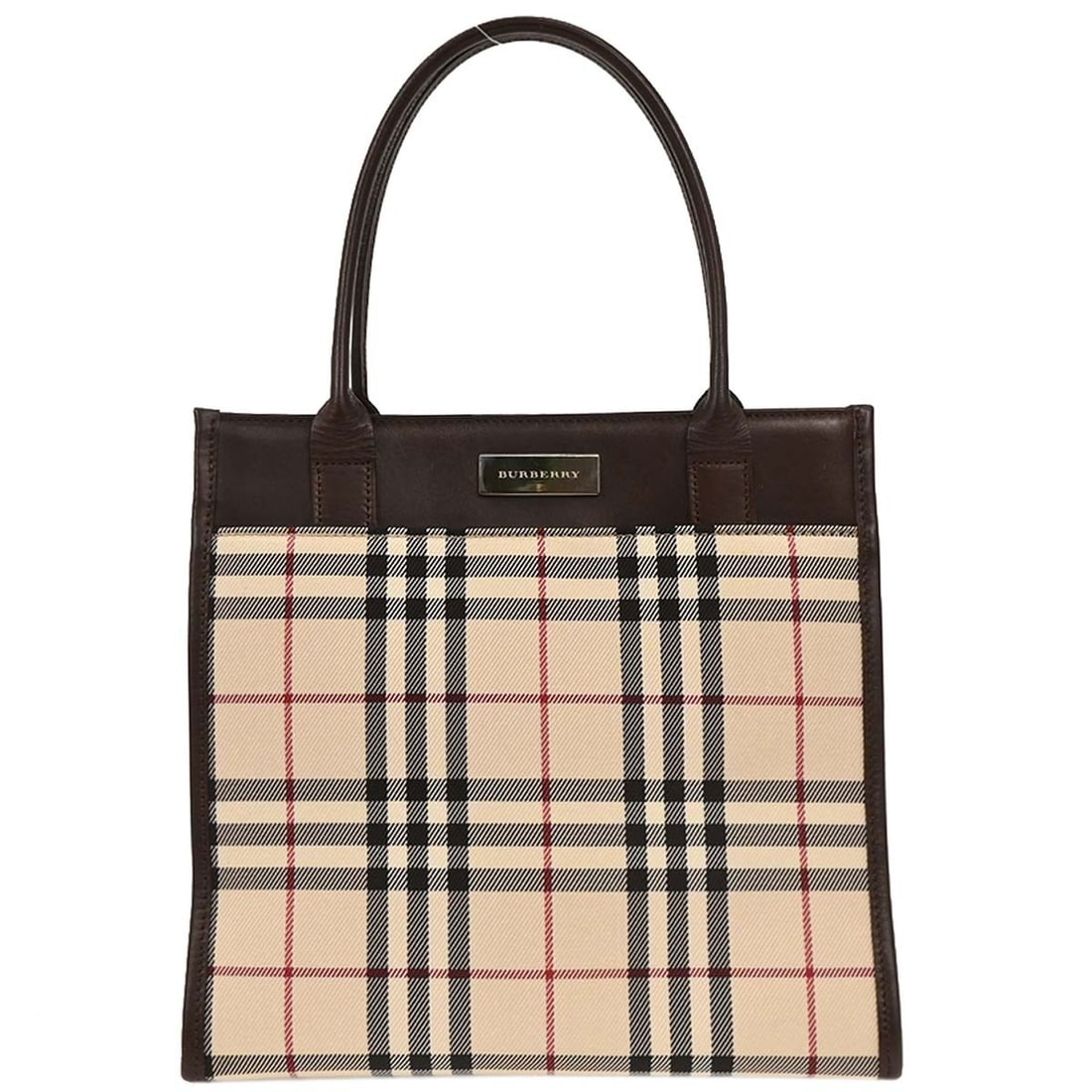 Burberry Check Beige Canvas Top Handle Handbag with Inner Pockets: Burberry Check Beige Canvas Top Handle Handbag with Inner Pockets This stylish Burberry Check Handbag features a classic beige canvas exterior, making it perfect for casual occasions. Its compact size