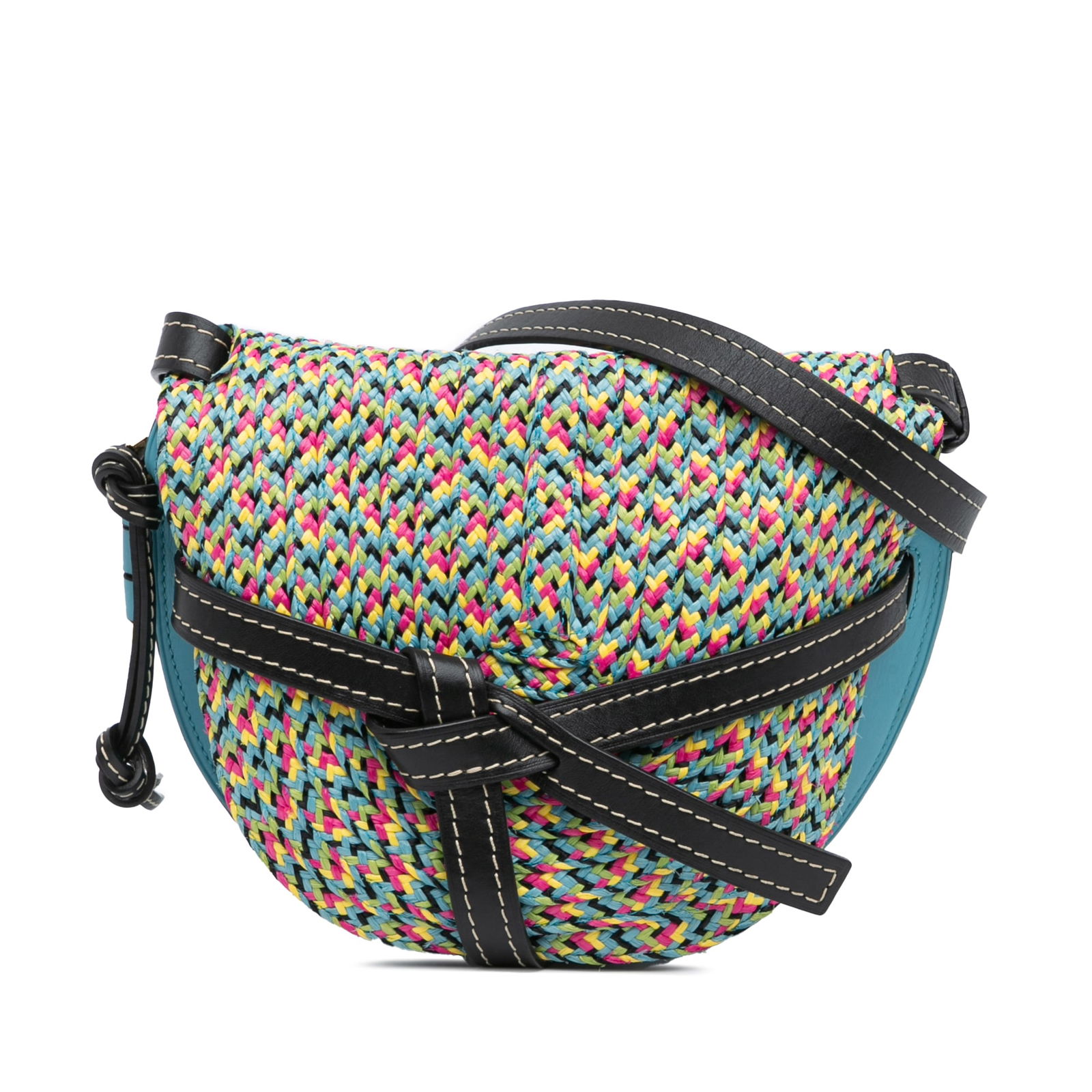 LOEWE Small Gate Crossbody Bag Blue Leather and Raffia: LOEWE Small Gate Crossbody Bag Blue Leather and Raffia The LOEWE Small Raffia and Calfskin Gate Crossbody bag is a stylish blend of leather and woven raffia, perfect for adding a touch of sophisticati