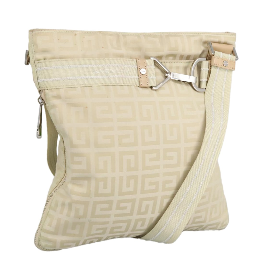 GIVENCHY Beige Silver Nylon Shoulder Bag Auth: GIVENCHY Beige Silver Nylon Shoulder Bag Auth This GIVENCHY shoulder bag combines style and versatility with its sleek design and practical features. Made from durable nylon, the bag showcases a chic