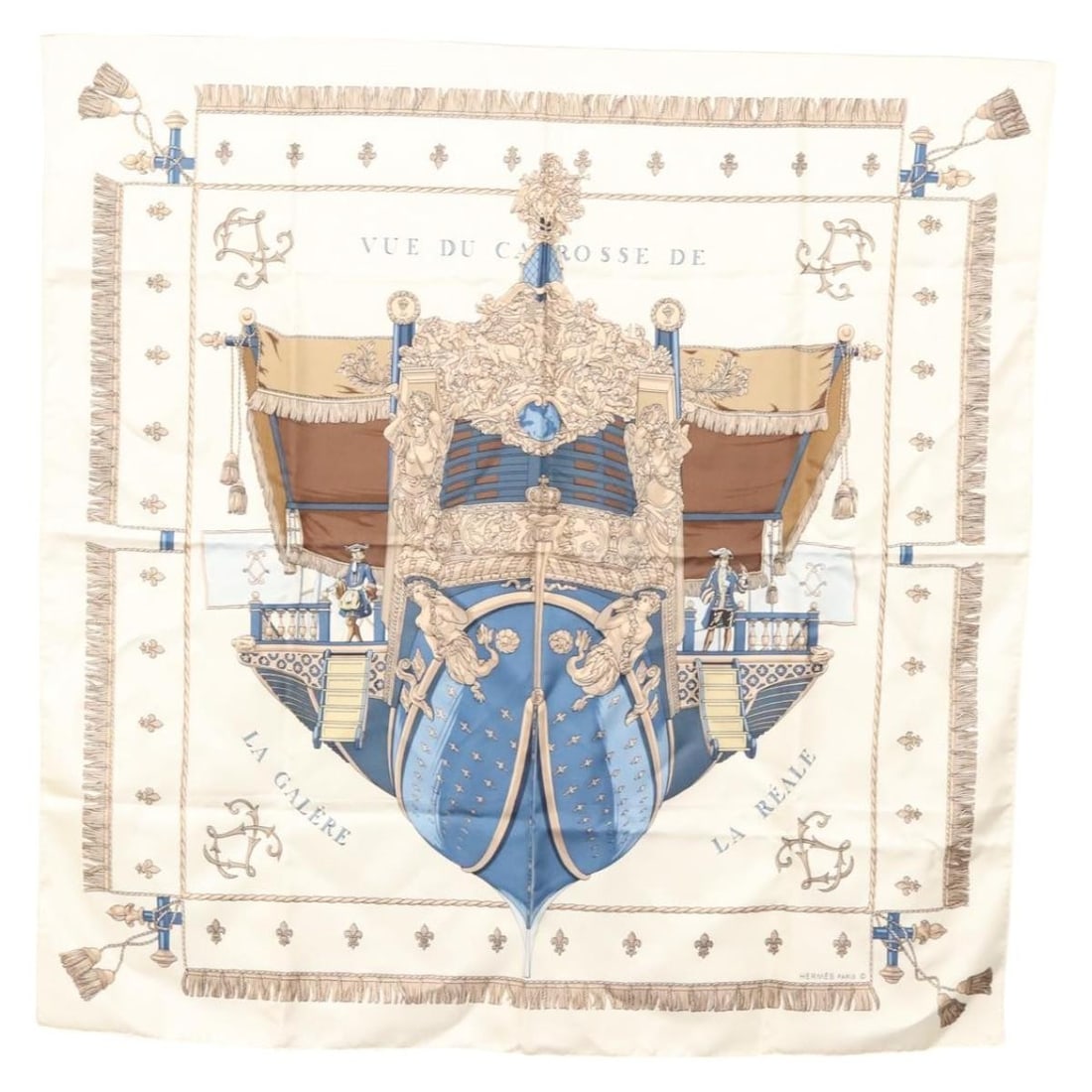 HERMES Carre 90 Silk Scarf VUE DU CAROSSE DE LA GALERE LA REALE: HERMES Carre 90 Silk Scarf VUE DU CAROSSE DE LA GALERE LA REALE Introducing the HERMES Carre 90 Scarf titled "VUE DU CAROSSE DE LA GALERE LA REALE," a stunning piece crafted from luxurious silk. This