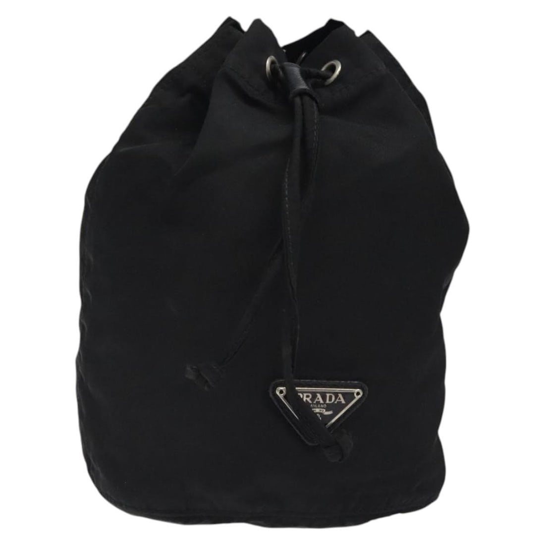 PRADA Black Nylon Pouch with Silver Accents Made in Italy: PRADA Black Nylon Pouch with Silver Accents Made in Italy This PRADA pouch combines style and practicality with its sleek black nylon exterior accented by silver details. Measuring approximately 7.9 i