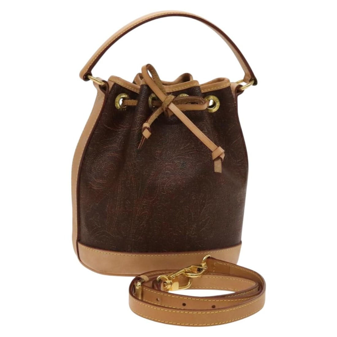 ETRO Paisley Shoulder Bag PVC Leather Brown Gold Authentic: ETRO Paisley Shoulder Bag PVC Leather Brown Gold Authentic Elevate your style with this exquisite ETRO Paisley Shoulder Bag made from durable PVC leather. This eye-catching bag features a stunning bro