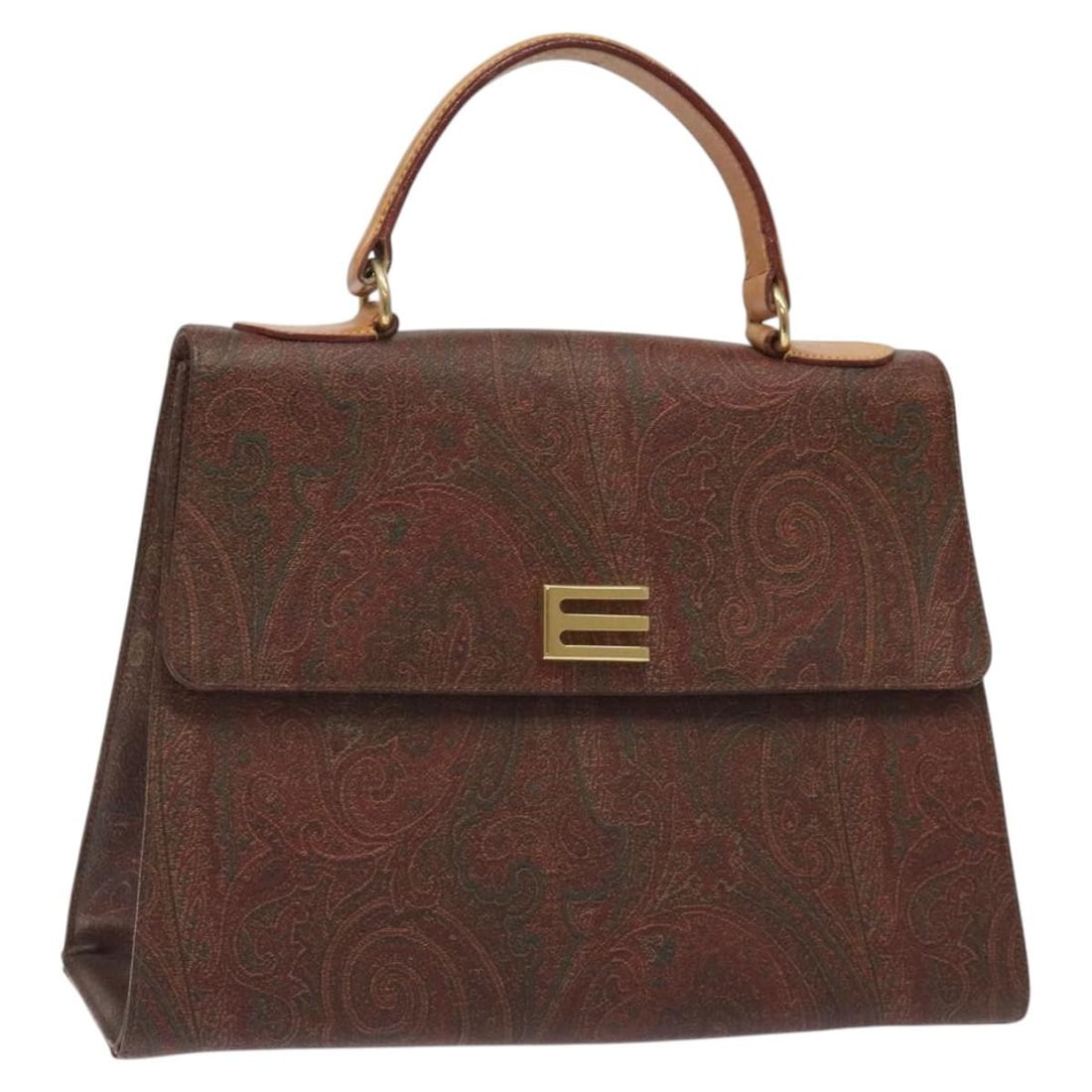 ETRO Paisley Hand Bag PVC Leather Brown Gold Made in Italy: ETRO Paisley Hand Bag PVC Leather Brown Gold Made in Italy This stylish ETRO paisley hand bag is crafted from durable PVC leather in a sophisticated brown and gold color scheme. Perfect for everyday u