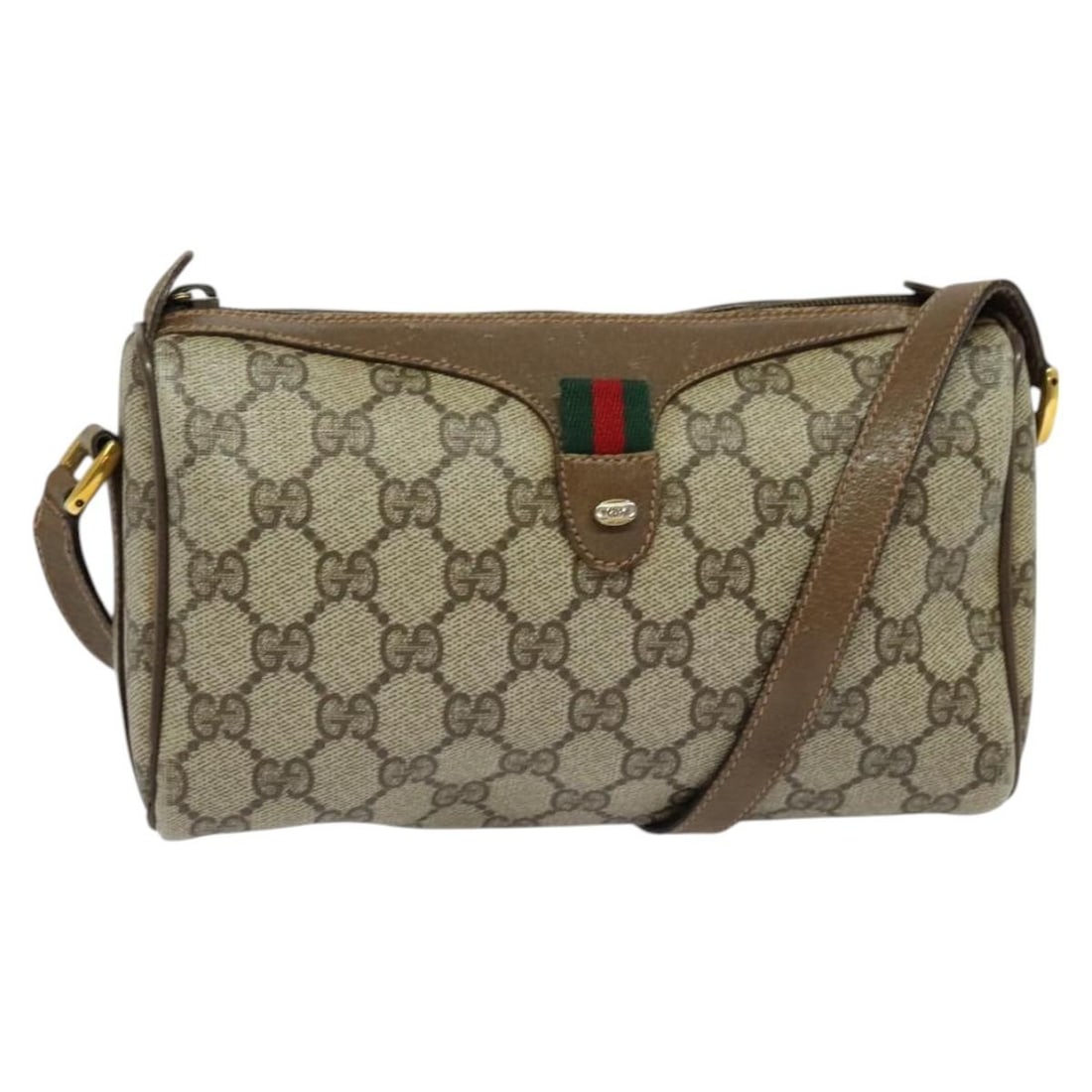 GUCCI GG Supreme Sherry Line Beige Gold Shoulder Bag PVC Auth 89 02 018: GUCCI GG Supreme Sherry Line Beige Gold Shoulder Bag PVC Auth 89 02 018 This GUCCI GG Supreme Web Sherry Line Bag is a stylish shoulder bag made from durable PVC leather, featuring a chic beige and go