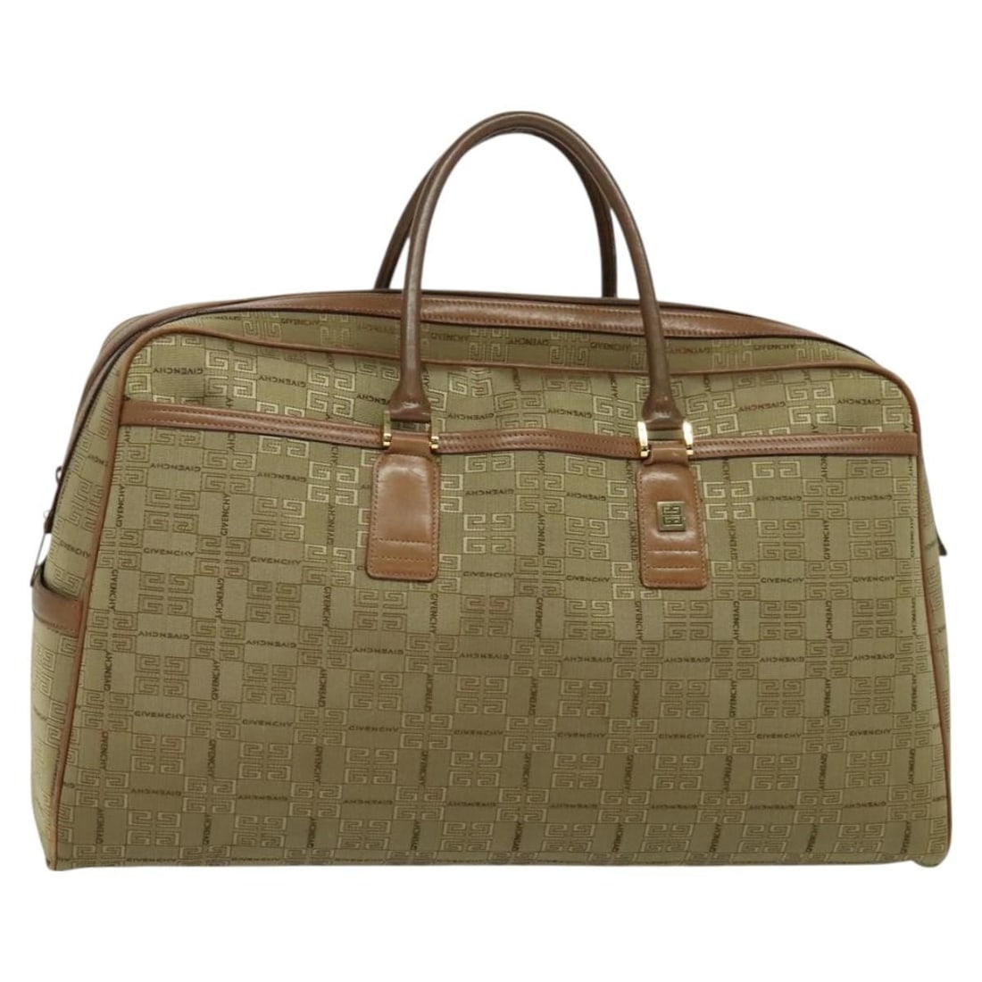 GIVENCHY Beige Gold Canvas Boston Bag with 3.1 Inch Handle Drop: GIVENCHY Beige Gold Canvas Boston Bag with 3.1 Inch Handle Drop This GIVENCHY Boston Bag showcases a stylish blend of beige and gold canvas, making it a versatile accessory for any outfit. With dimens