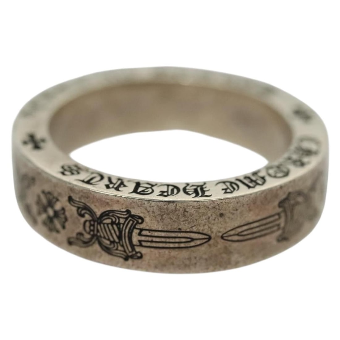 Chrome Hearts Spacer Dagger Ring Ag925 Silver Authentic: Chrome Hearts Spacer Dagger Ring Ag925 Silver Authentic This Chrome Hearts Spacer Dagger Ring is crafted from Ag925 silver, showcasing a striking design that reflects the brand's distinctive style. Th