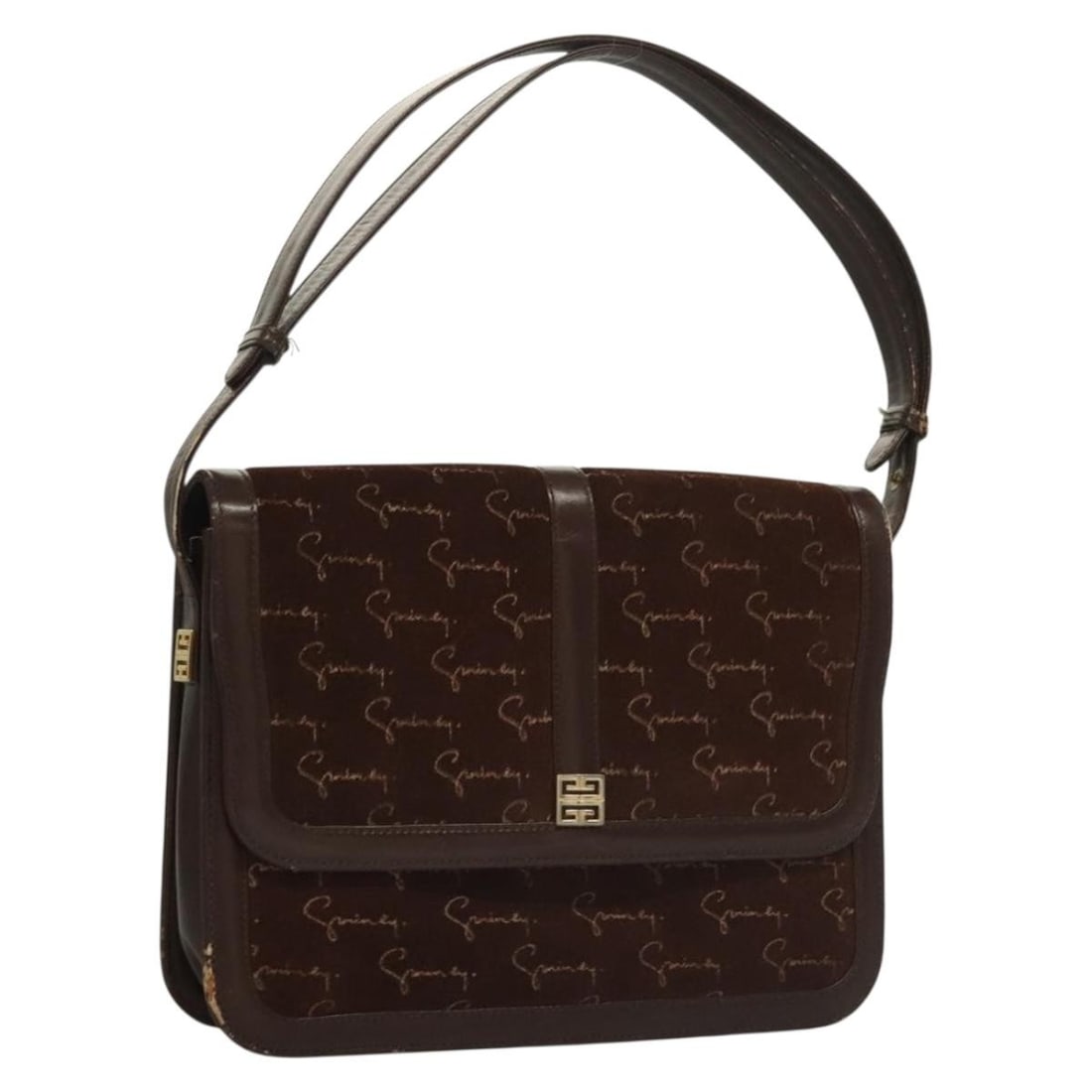 GIVENCHY Brown Suede Shoulder Bag with Gold Accents: GIVENCHY Brown Suede Shoulder Bag with Gold Accents This GIVENCHY shoulder bag combines elegance and functionality, crafted from high-quality suede in a rich brown color with gold accents. With a bag