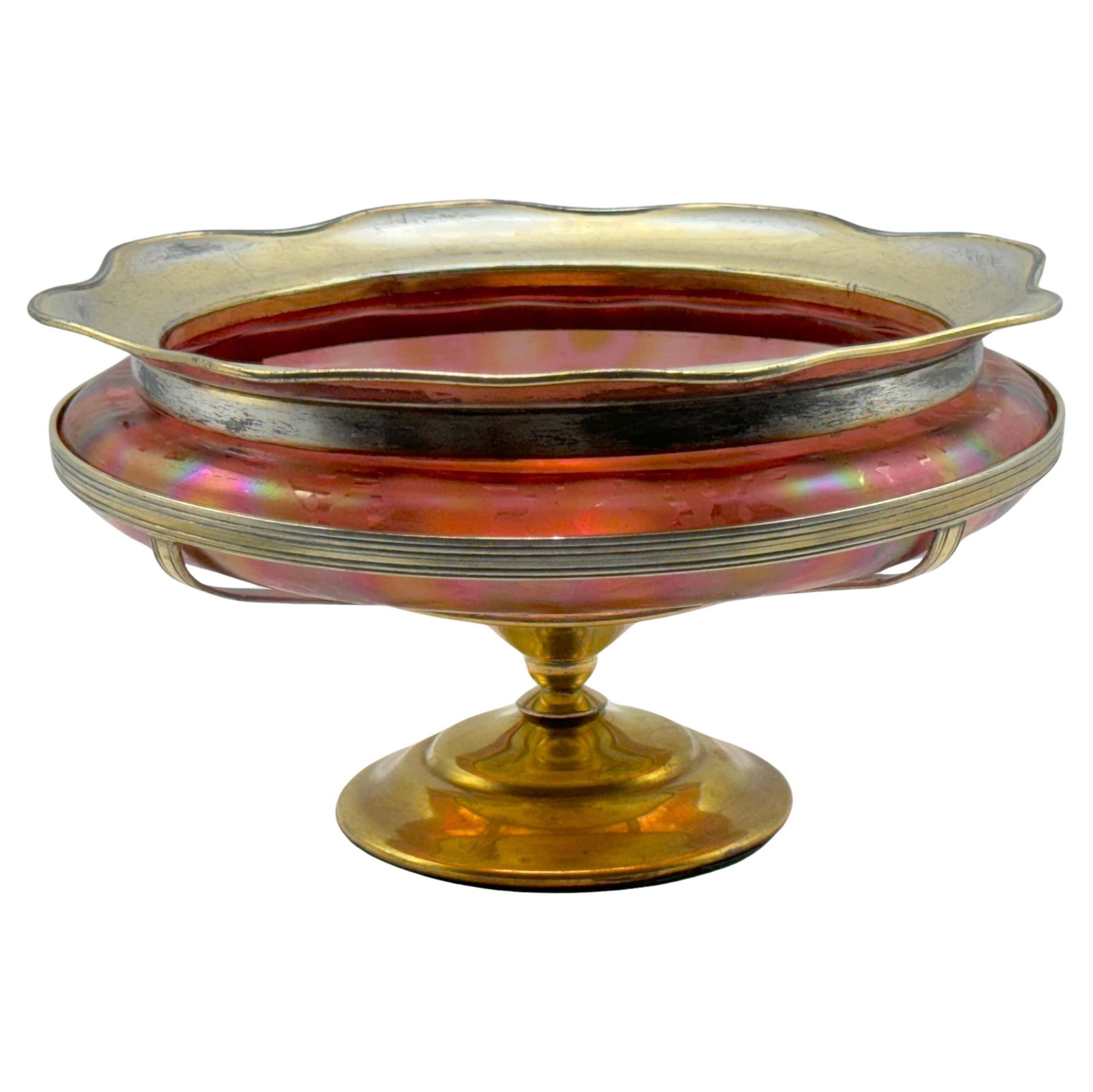 Art Nouveau Loetz Red Papillon Gilt Metal Centerpiece 1910 Austria: Art Nouveau Loetz Red Papillon Gilt Metal Centerpiece 1910 Austria This exquisite Art Nouveau Loetz Red Papillon Gilt Metal Mounted Centerpiece, crafted in Austria circa 1910, is a stunning representa