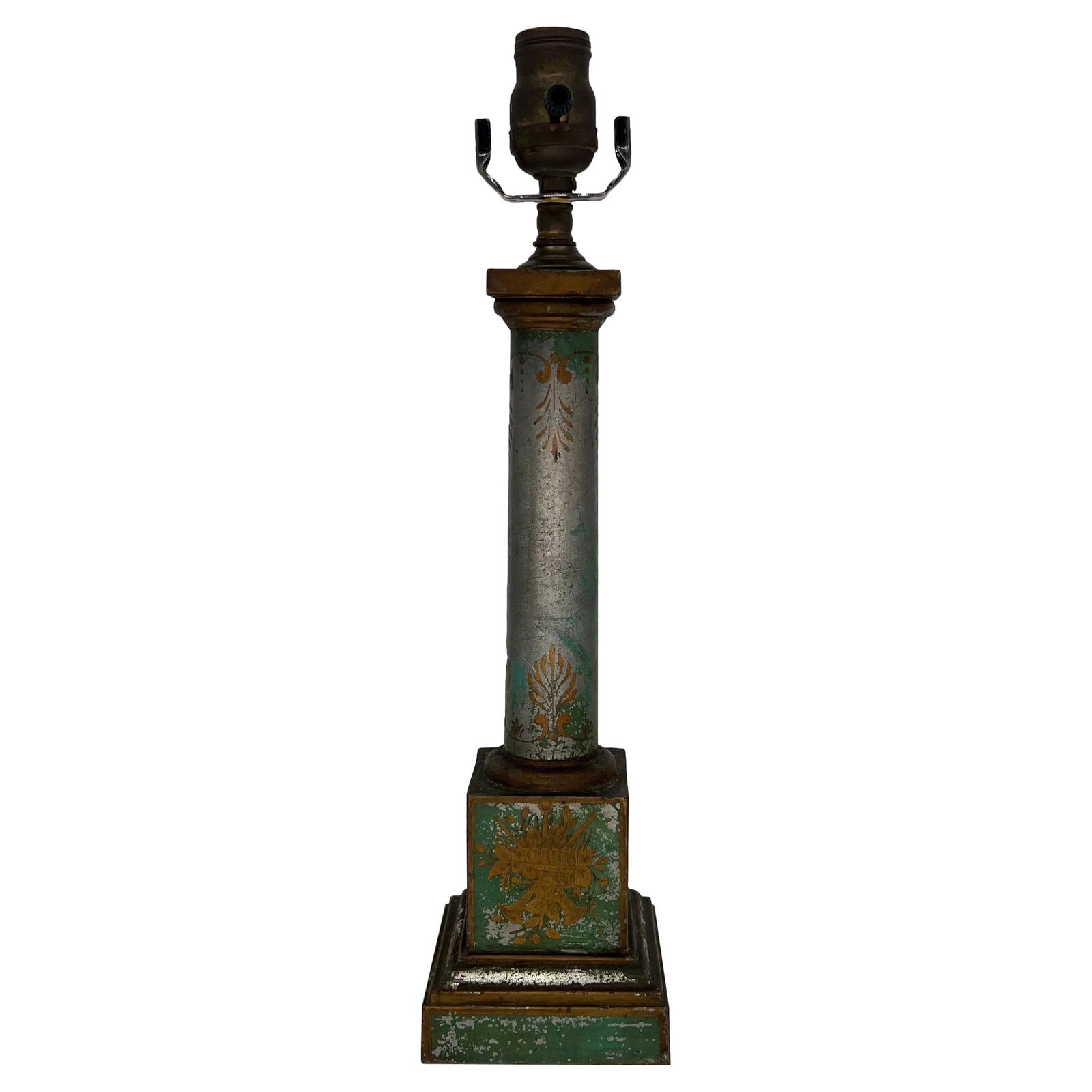 Antique French Neoclassical Table Lamp Silver Tole Green Accents: Antique French Neoclassical Table Lamp Silver Tole Green Accents Illuminate your space with this exquisite Antique French Neoclassical Tole Painted Table Lamp. This early 20th-century piece showcases