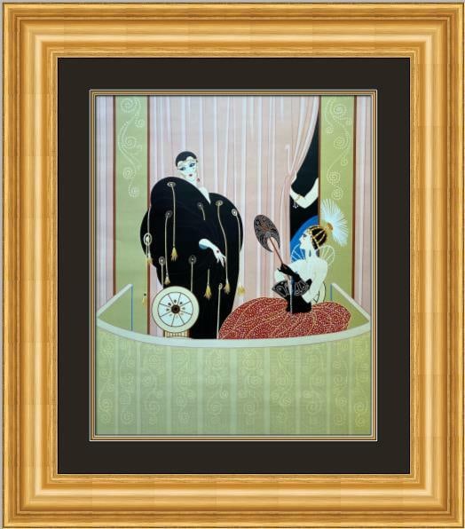 Erte Die Theaterloge Art Deco Print Custom Framed 25.5 x 29: Erte Die Theaterloge Art Deco Print Custom Framed 25.5 x 29 Enhance your space with this stunning custom framed artwork, "Die Theaterloge" by the renowned artist Erte. This medium-sized print showcase