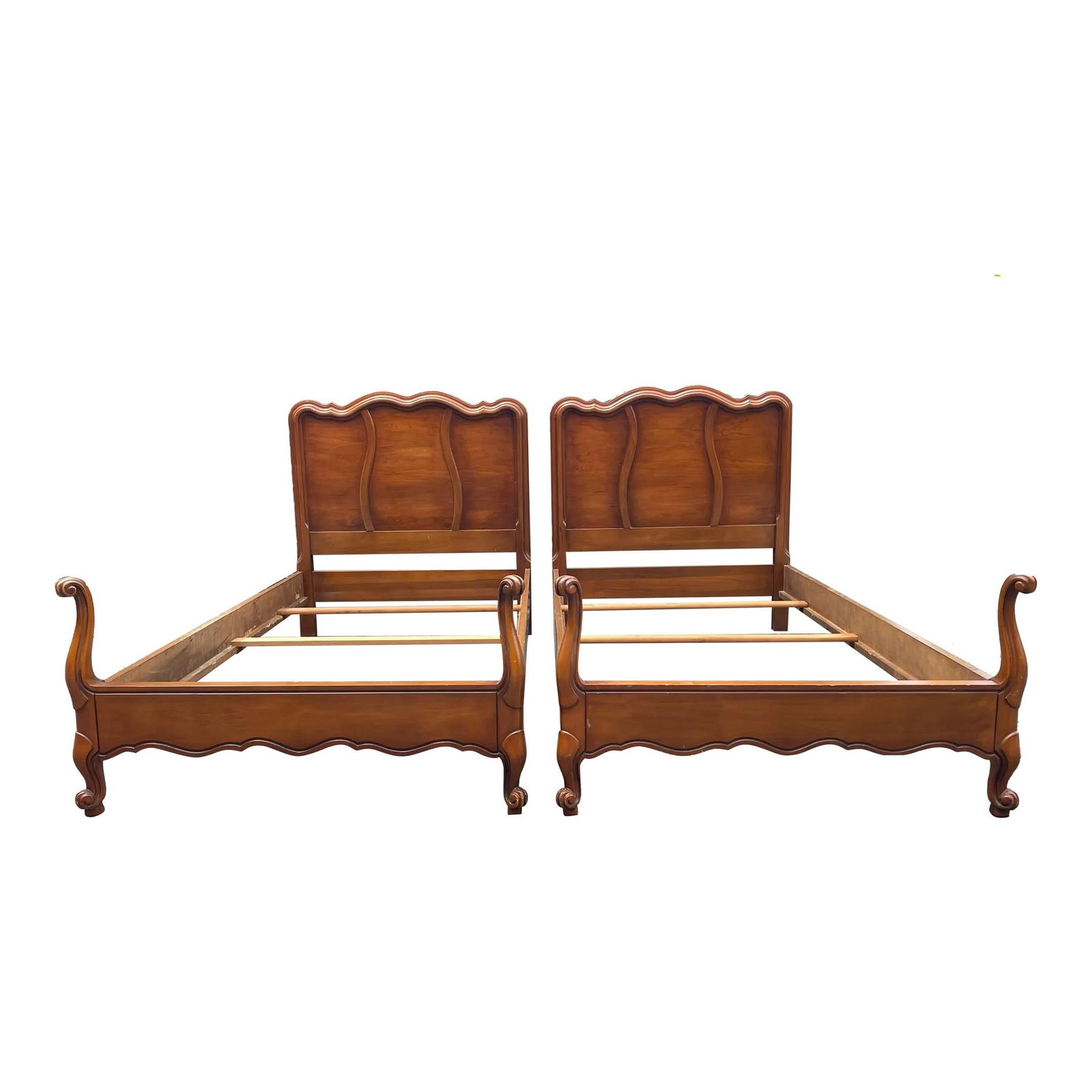 Charming Vintage French Provincial Twin Bed Frames Pair: Charming Vintage French Provincial Twin Bed Frames Pair This charming pair of vintage French Provincial twin beds boasts a classic style that adds elegance to any bedroom. Crafted from rich cherry woo