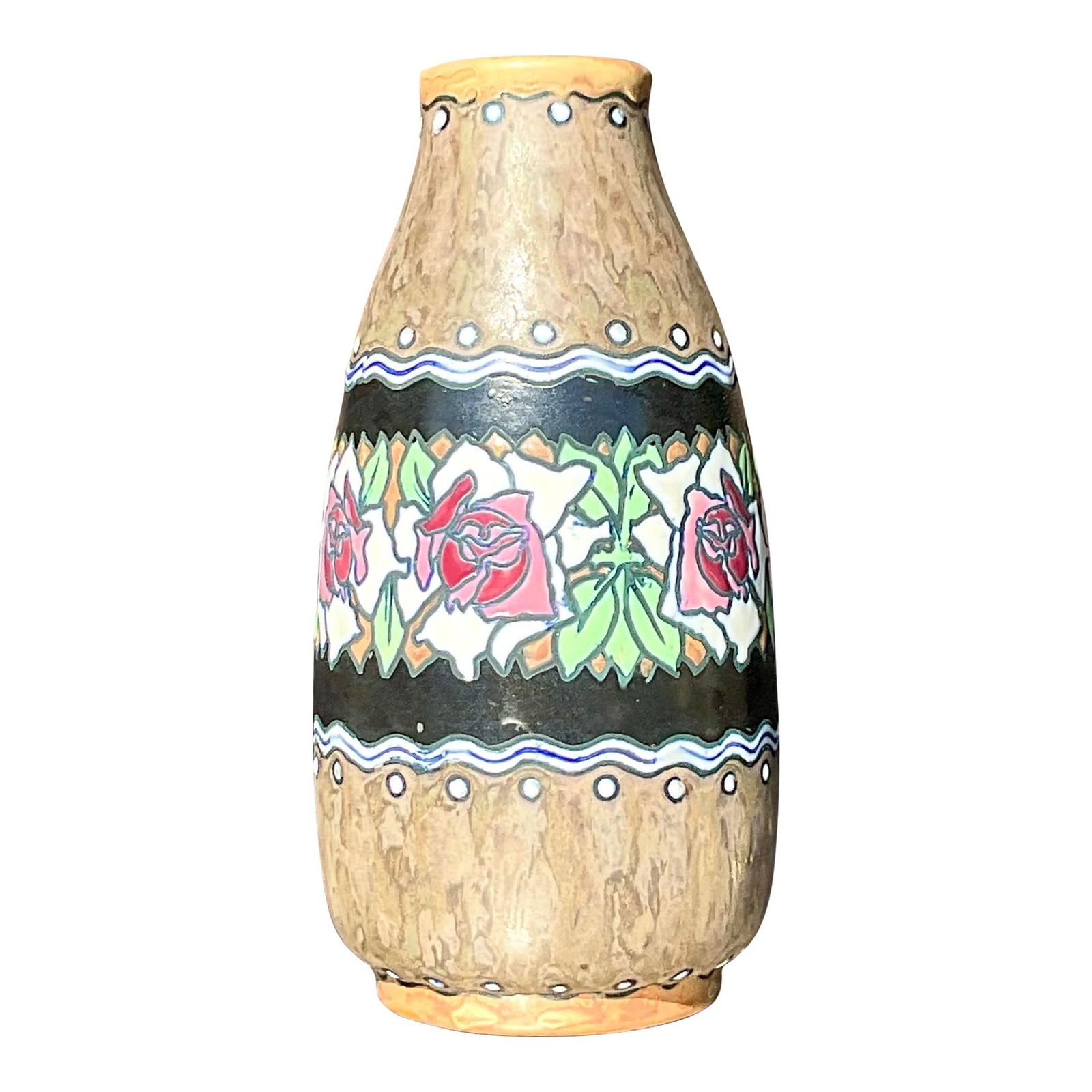 Vintage Boho Charles Catteau Hand Painted Vase for Boch Freres Keramis: Vintage Boho Charles Catteau Hand Painted Vase for Boch Freres Keramis This exquisite vintage Boho vase is a hand-painted piece crafted by the renowned Charles Catteau for Boch Freres Keramis. It feat