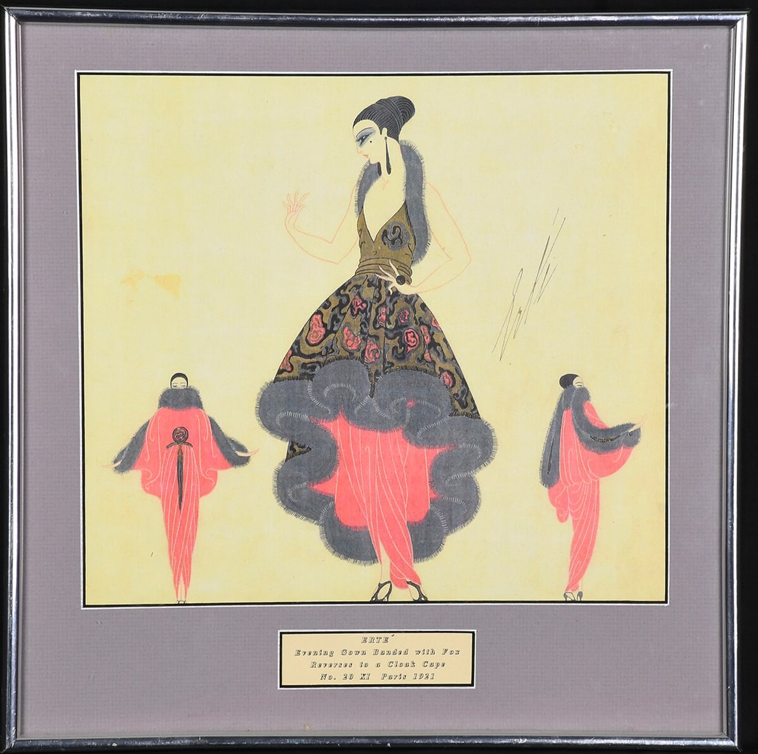 Erte Original Gouache Robe de Sairee Avec Renard Framed Art Deco 24k Gold Leaf: Erte Original Gouache Robe de Sairee Avec Renard Framed Art Deco 24k Gold Leaf This exquisite framed gouache artwork by Erte features stunning 24k gold leaf borders, embodying the elegance of the Art