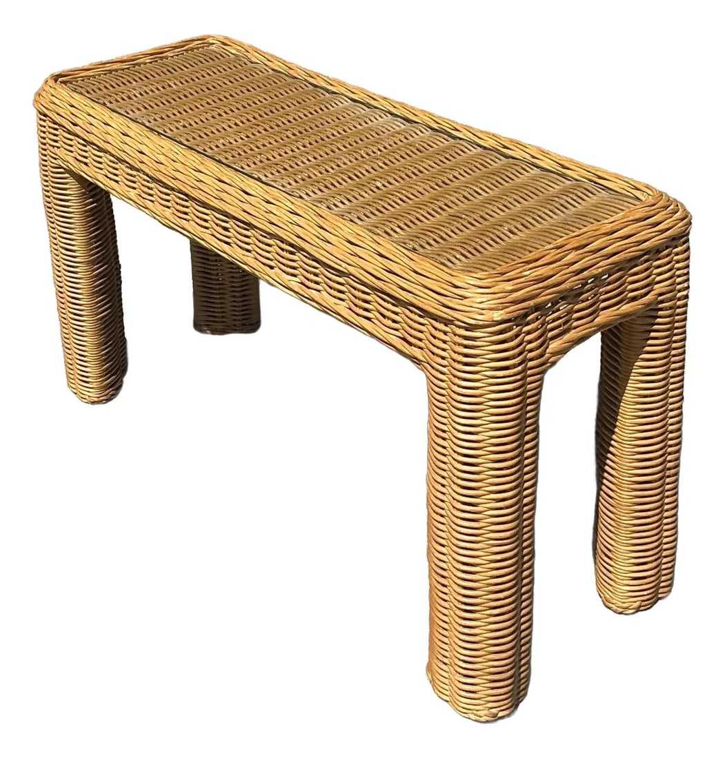 Vintage Woven Rattan Console Table Coastal Bohemian Style 48.25": Vintage Woven Rattan Console Table Coastal Bohemian Style 48.25" Enhance your coastal or bohemian decor with this Vintage Woven Rattan Console Table. This beautifully crafted piece features clean, rou