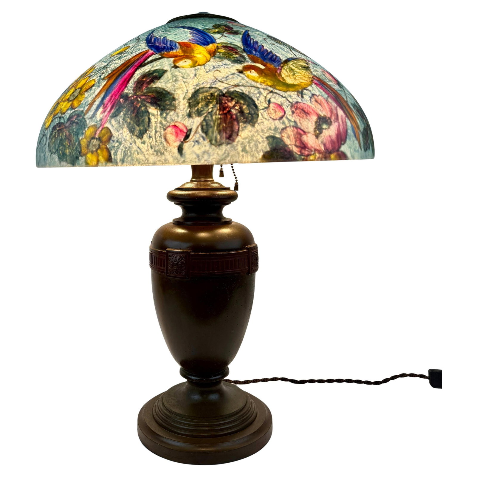 Handel Model 7036 Birds of Paradise Art Glass Table Lamp: Handel Model 7036 Birds of Paradise Art Glass Table Lamp This stunning Handel Model 7036 "Birds of Paradise" table lamp is a remarkable example of early 20th-century American craftsmanship. Standing a
