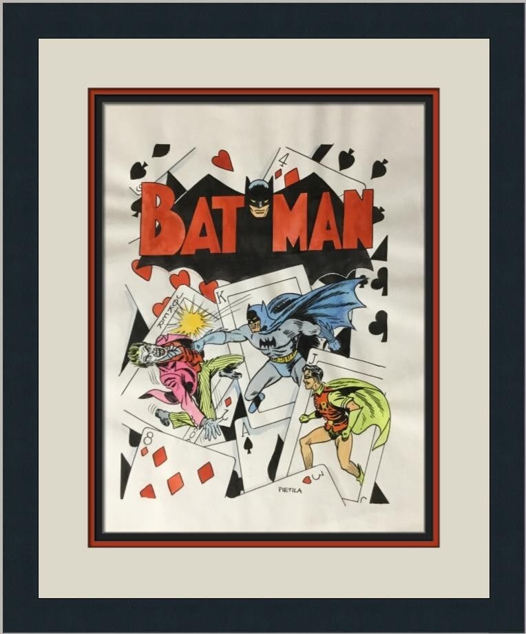 Pietila 1980 Batman Watercolor Art Custom Framed Signed Piece: Pietila 1980 Batman Watercolor Art Custom Framed Signed Piece This original watercolor artwork by artist Pietila features a striking depiction of Batman, Robin, and the Joker. Created in 1980, this me