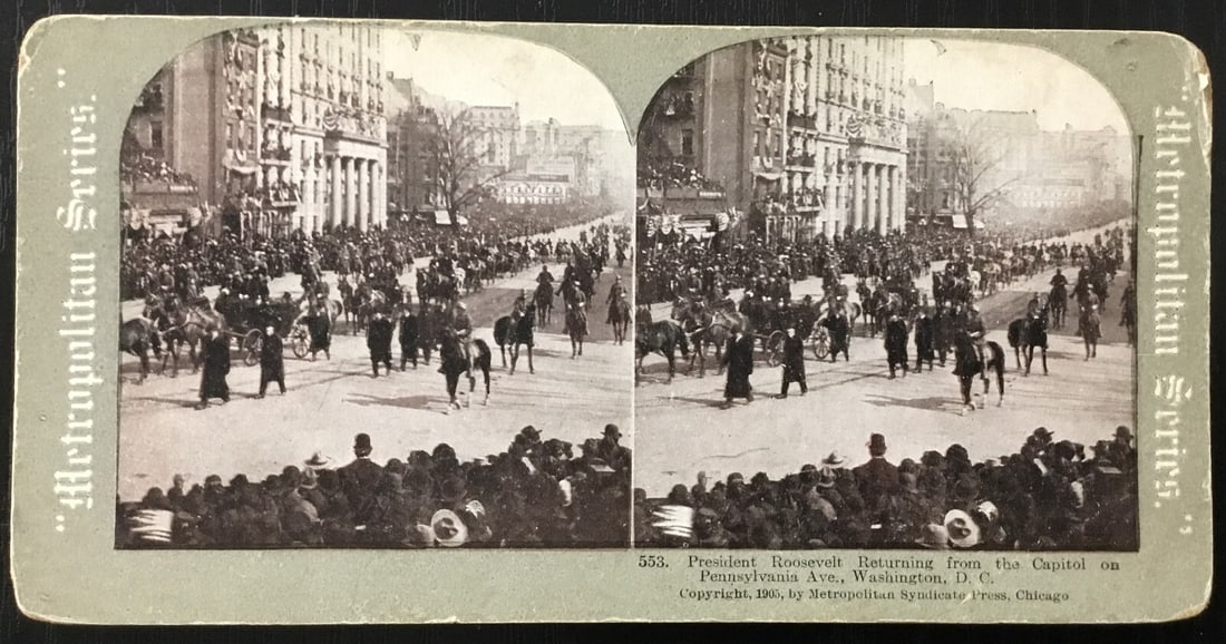 Vintage 1905 Theodore Roosevelt Stereoview Card by Metropolitan Syndicate: Vintage 1905 Theodore Roosevelt Stereoview Card by Metropolitan Syndicate This vintage stereoview card features President Theodore Roosevelt returning from the Capitol, capturing a significant moment 