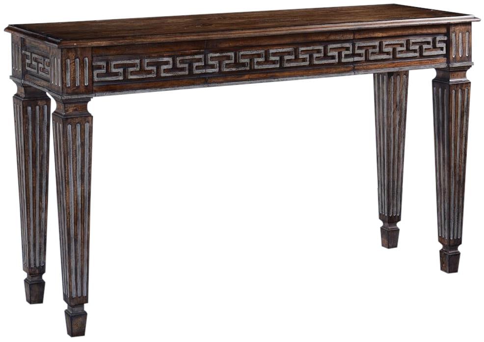 Neo-Classical Greek Key Console Table Solid Wood Rustic Pecan Finish: Neo-Classical Greek Key Console Table Solid Wood Rustic Pecan Finish Introducing the Refined Greek Key Console, a stunning piece crafted from solid wood that embodies the elegance of Neo-Classical sty
