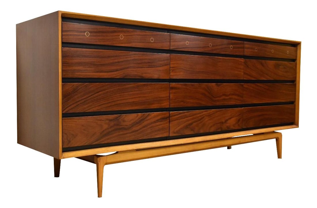De Coene Freres Mid-Century Rosewood Dresser with Brass Inlay: De Coene Freres Mid-Century Rosewood Dresser with Brass Inlay Discover the elegance of mid-century modern design with this exquisite twelve-drawer dresser, featuring a stunning rosewood front and circ