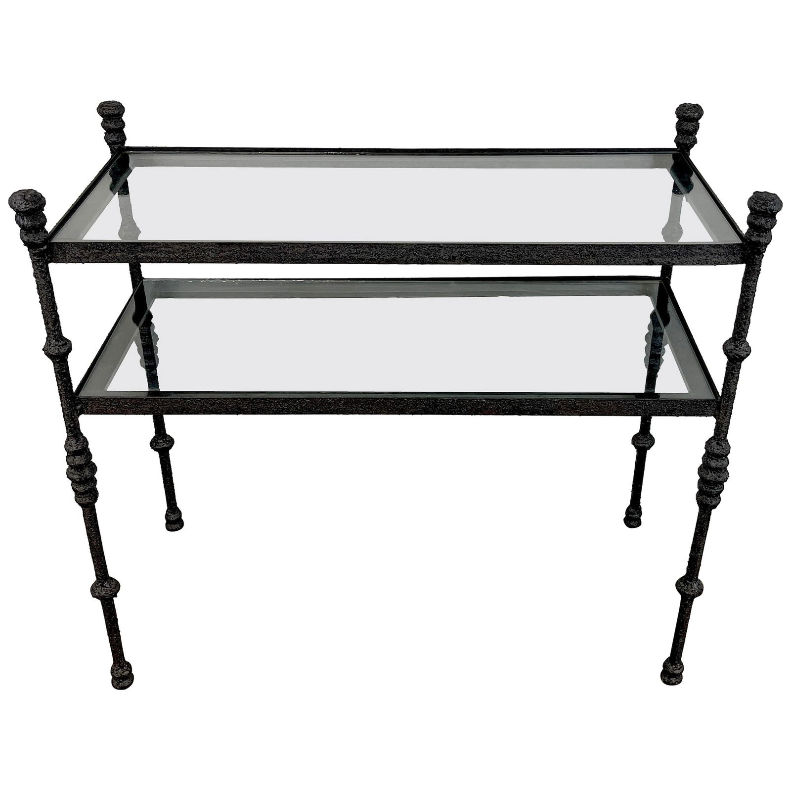 Giacometti Style Modern Bronzed Iron Two-Tier Console Table with Glass Shelves: Giacometti Style Modern Bronzed Iron Two-Tier Console Table with Glass Shelves This modern bronzed iron two-tier console, inspired by the style of Giacometti, features a striking design with four scul