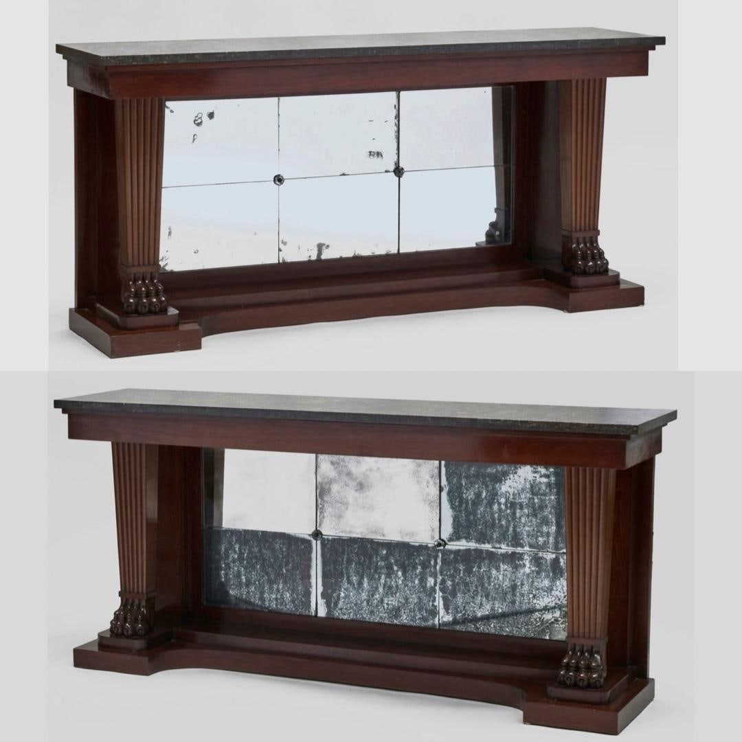 Set of 2 Monumental Neoclassical Console Tables with Marble Top and Mirror Back: Set of 2 Monumental Neoclassical Console Tables with Marble Top and Mirror Back This remarkable pair of Neoclassical style console tables embodies the elegance and craftsmanship of early 20th-century