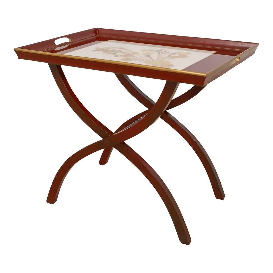 Vintage X Base Butler Serving Tray Table Red Gold Finish: Vintage X Base Butler Serving Tray Table Red Gold Finish This Vintage X Base Painted Butler Serving Tray Tea Table is a stunning addition to any decor. Crafted from high-quality wood, this elegant pie