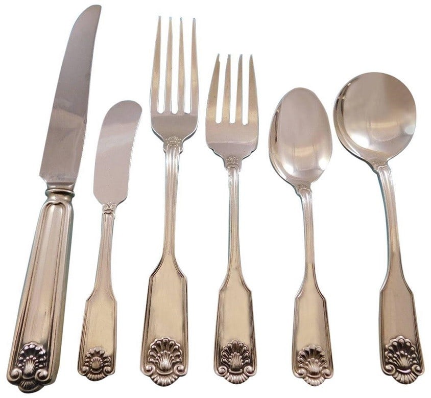 Frank Smith Fiddle Shell Sterling Silver Flatware Set 54 Pieces for 8 with Storage Chest: Frank Smith Fiddle Shell Sterling Silver Flatware Set 54 Pieces for 8 with Storage Chest This exquisite Fiddle Shell Sterling Silver Flatware Set by Frank Smith is designed to serve 8 people and inclu