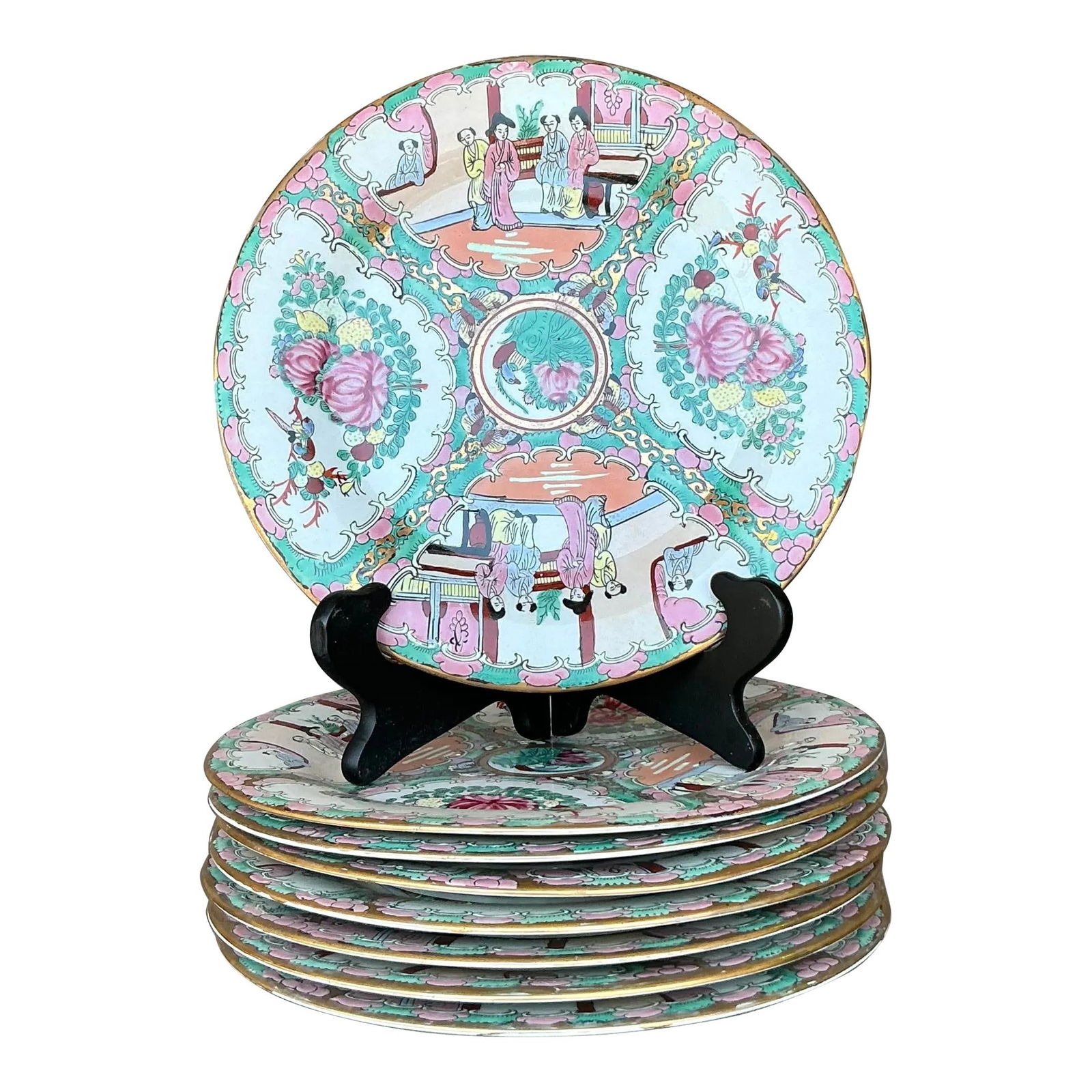 Set of 8 Vintage Asian Rose Famille Dinner Plates Ceramic: Set of 8 Vintage Asian Rose Famille Dinner Plates Ceramic Enhance your dining experience with this exquisite set of eight Vintage Asian Rose Famille Dinner Plates. Each plate showcases intricate hand-