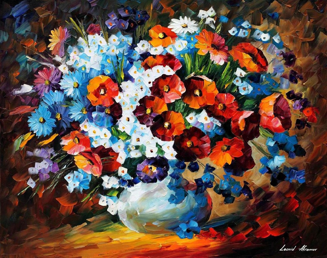 Poppies And Cornflowers Limited Edition 1/25 by Leonid Afremov Canvas Art: Poppies And Cornflowers Limited Edition 1/25 by Leonid Afremov Canvas Art "Poppies And Cornflowers" is a stunning limited edition giclee artwork by renowned artist Leonid Afremov. This hand-painted pi