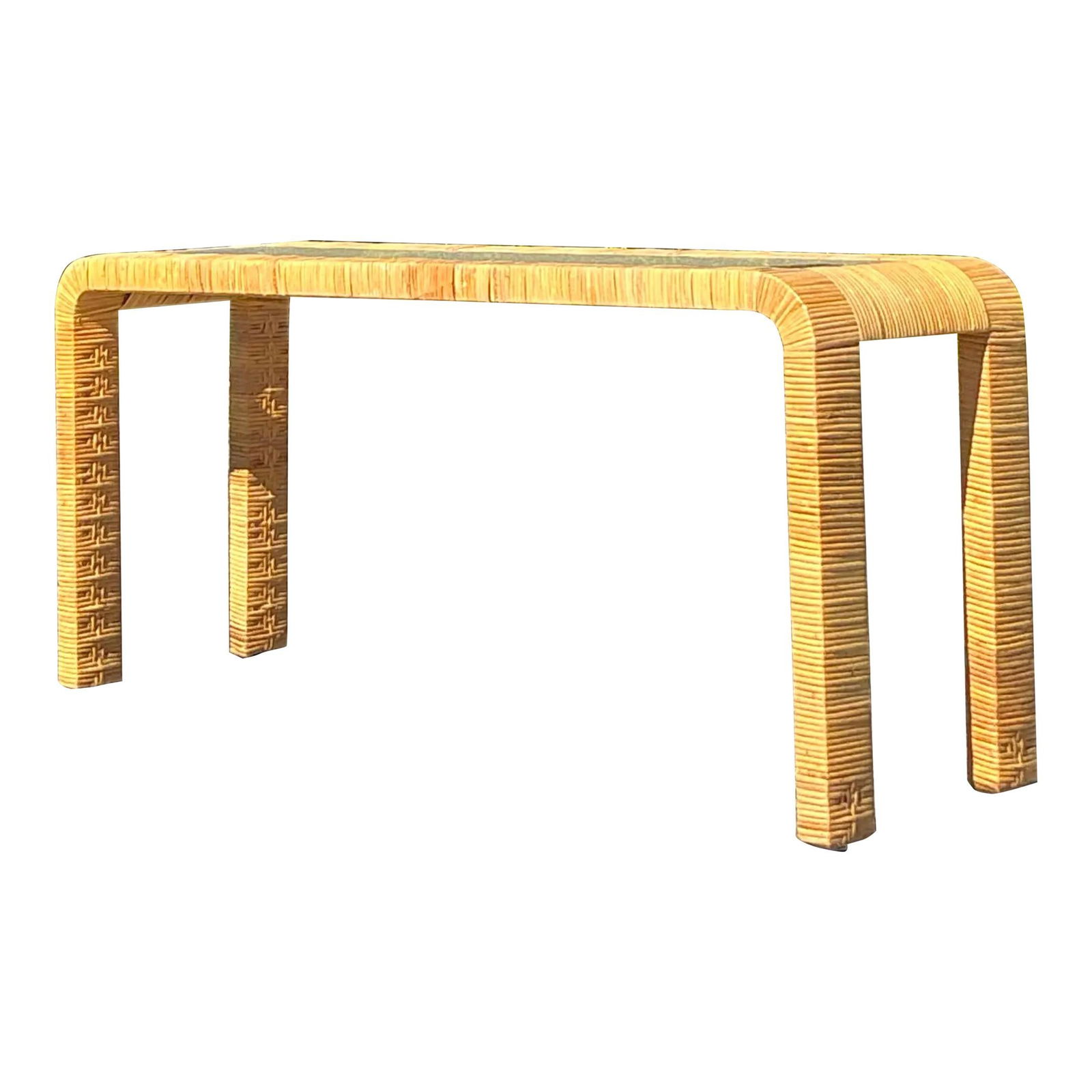 Vintage Coastal Rattan Waterfall Console Table 60" W: Vintage Coastal Rattan Waterfall Console Table 60" W Enhance your home with this exquisite vintage wrapped rattan waterfall console table, a perfect embodiment of coastal elegance. Its gracefully curv