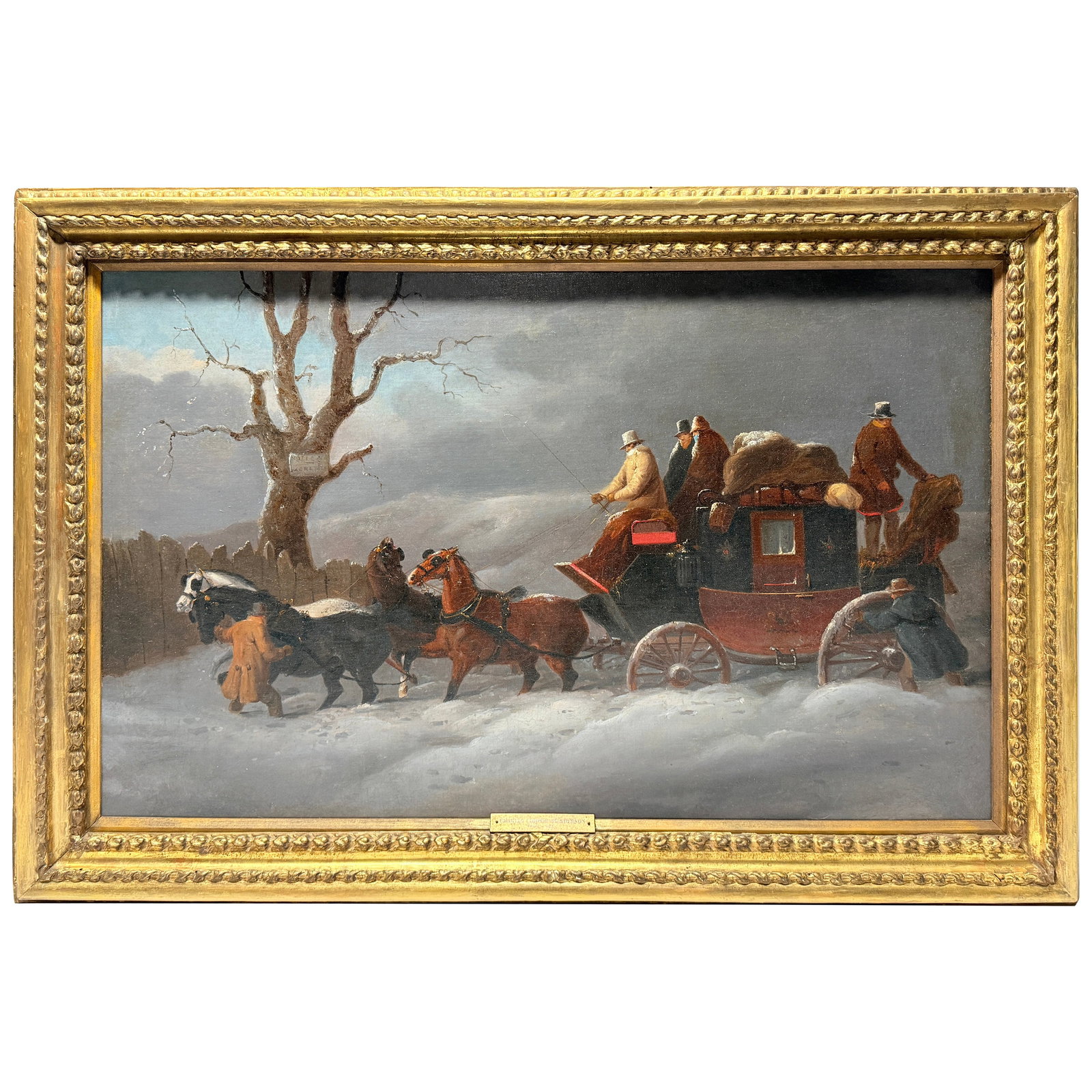 Charles Cooper Henderson Coach in Snow 19th Century Oil Painting with Exhibition Labels: Charles Cooper Henderson Coach in Snow 19th Century Oil Painting with Exhibition Labels This striking oil on canvas by Charles Cooper Henderson, a master of equestrian and coaching scenes, features a 