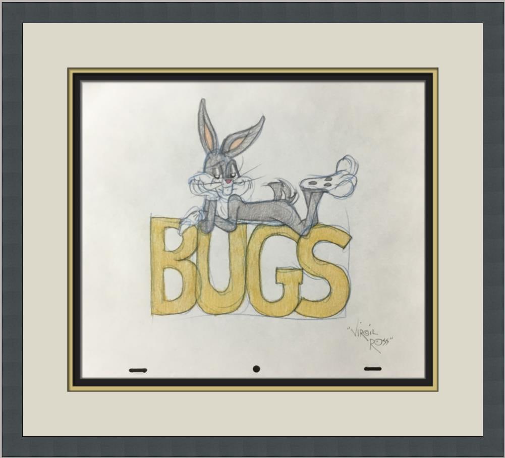 Virgil Ross Signed Bugs Bunny Model Sheet Custom Framed Warner Bros Animation: Virgil Ross Signed Bugs Bunny Model Sheet Custom Framed Warner Bros Animation This original signed model sheet drawing features the iconic character Bugs Bunny, crafted by celebrated animator Virgil R
