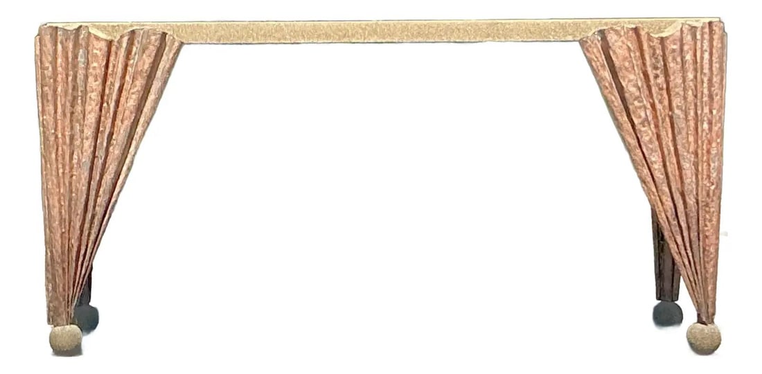 Vintage Postmodern Draped Console Table Iron Finish 62.5x19.25x30: Vintage Postmodern Draped Console Table Iron Finish 62.5x19.25x30 Make a bold artistic statement with this captivating vintage console table, a true embodiment of Postmodern design. This striking piec