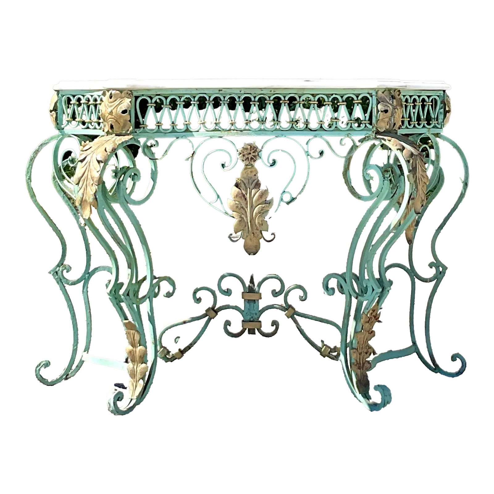 Elegant Vintage Regency Marble Top Wrought Iron Console Table: Elegant Vintage Regency Marble Top Wrought Iron Console Table This vintage Regency console table is a stunning blend of elegance and craftsmanship, featuring a luxurious marble top with natural veinin