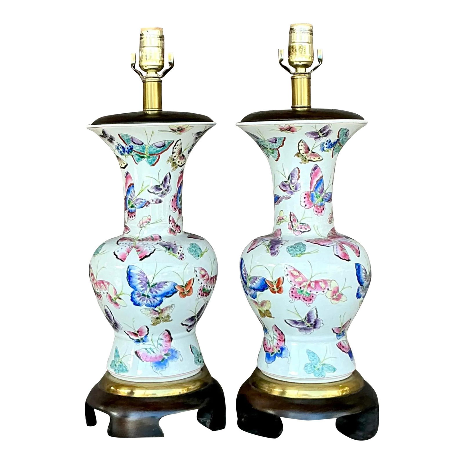 Vintage Frederick Cooper Mariposa Lamps Pair with Butterfly Motif: Vintage Frederick Cooper Mariposa Lamps Pair with Butterfly Motif Enhance your decor with this exquisite pair of Vintage Frederick Cooper Mariposa lamps. Each lamp showcases a stunning hand-painted bu