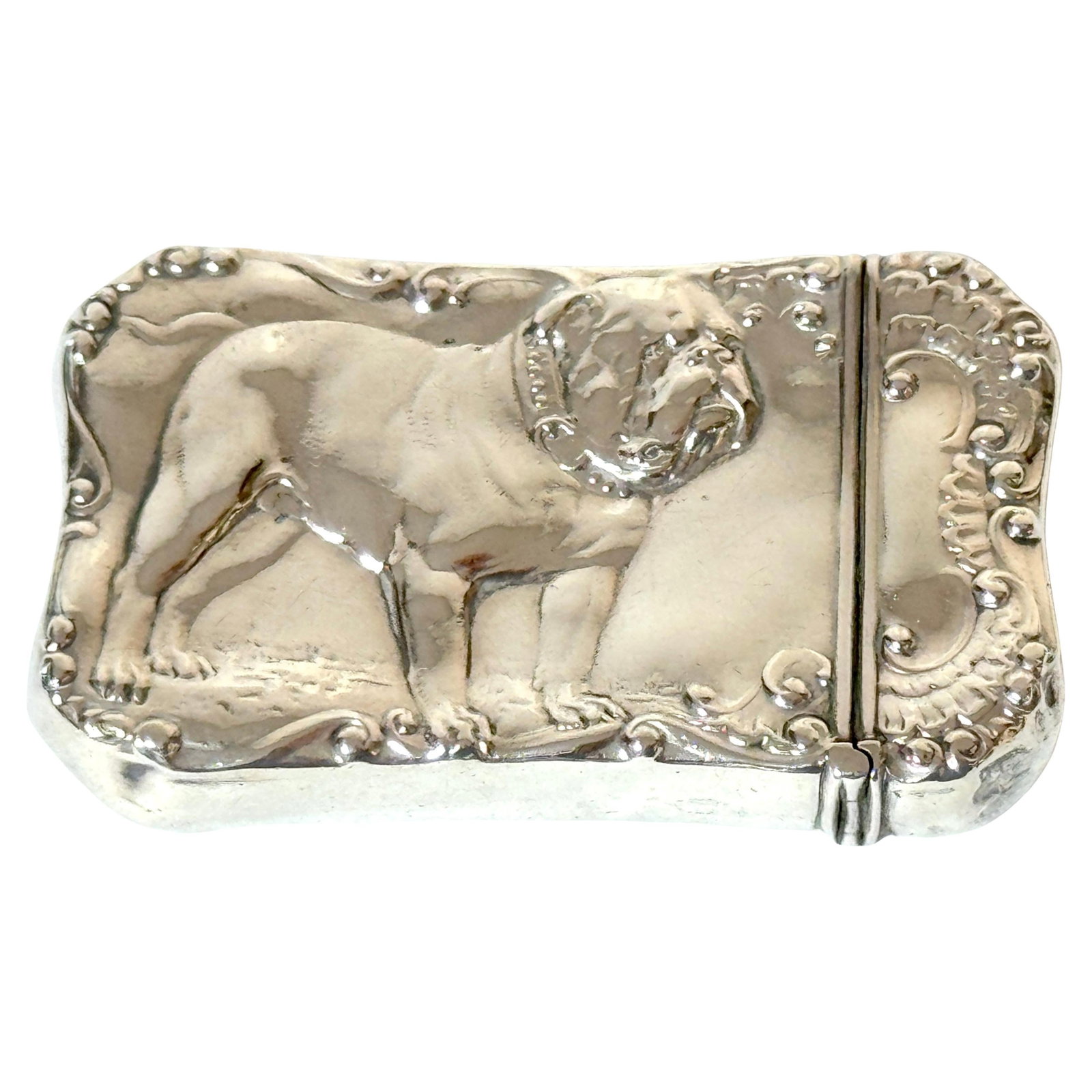 Victorian Sterling Silver Bulldog Matchsafe by Wallace 1890s: Victorian Sterling Silver Bulldog Matchsafe by Wallace 1890s This exquisite American Victorian Sterling Silver Matchsafe features a finely detailed Bulldog motif, embodying the elegance of the late 19