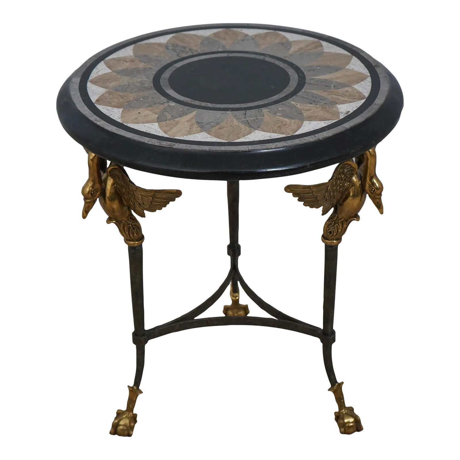 Maitland Smith Neoclassical Round Lamp Table with Mosaic Marble Top: Maitland Smith Neoclassical Round Lamp Table with Mosaic Marble Top This exquisite Maitland Smith round lamp table features a stunning tessellated mosaic marble top, supported by a solid iron base ado