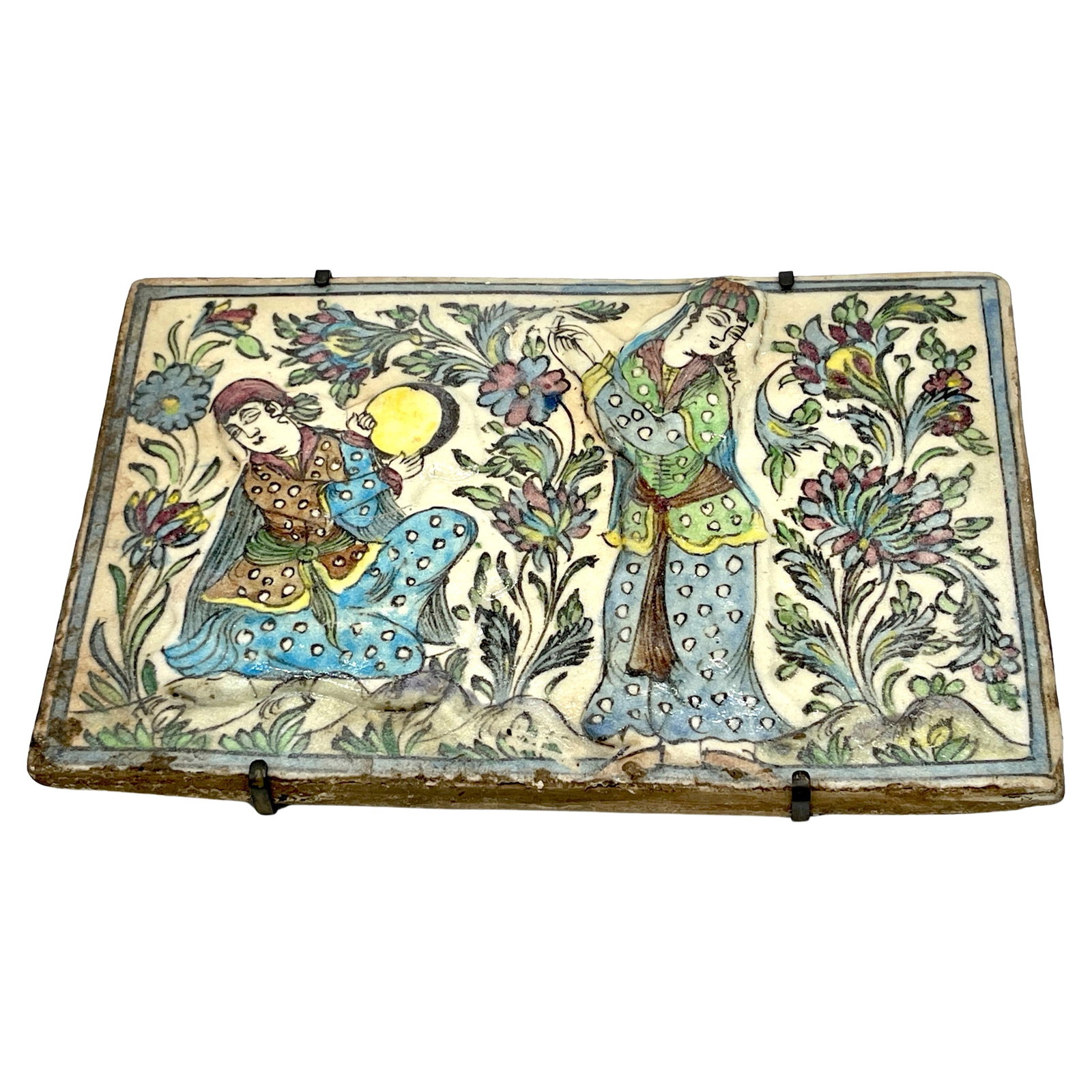 19th Century Iznik Pottery Tile 'Maidens in Garden' Decorative Art: 19th Century Iznik Pottery Tile 'Maidens in Garden' Decorative Art This captivating large 19th-century Iznik pottery pictorial tile, titled 'Maidens in Garden', showcases the rich artistic tradition o