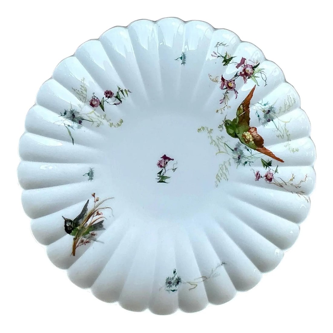 Vintage Regency Vermont Freres Fluted Cake Plate with Hand-Painted Birds: Vintage Regency Vermont Freres Fluted Cake Plate with Hand-Painted Birds Enhance your serveware collection with this charming Vintage Regency Vermont Freres Fluted Cake Plate. This exquisite piece fea