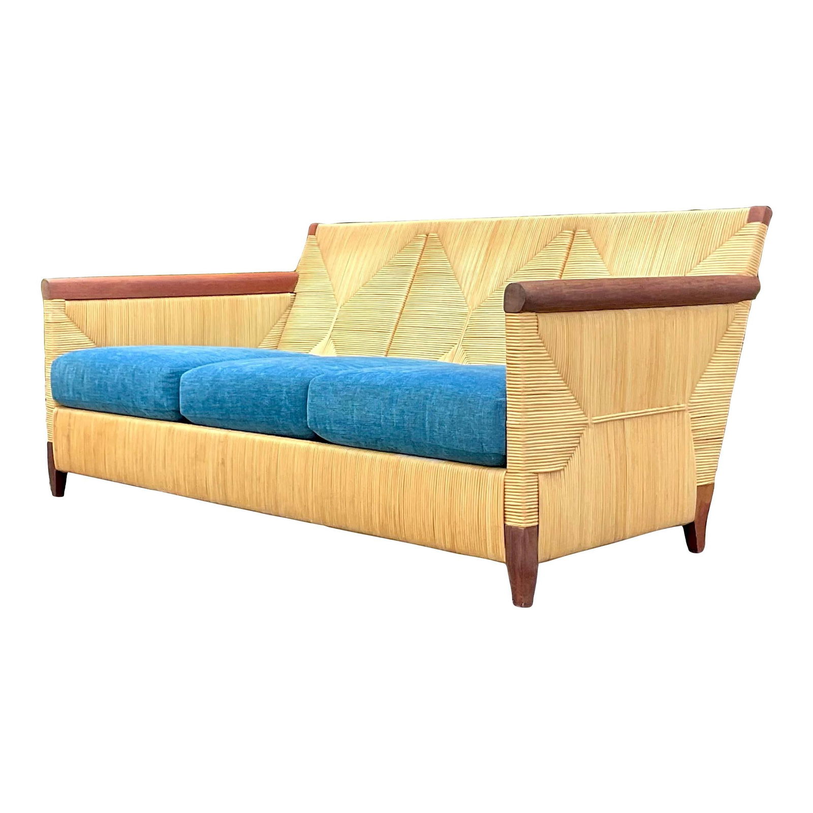Vintage Boho John Hutton for Donghia Rattan Sofa Merbau Style: Vintage Boho John Hutton for Donghia Rattan Sofa Merbau Style Transform your living area with the Vintage Boho John Hutton for Donghia "Merbau" Rush Sofa. This exceptional piece is designed to combine