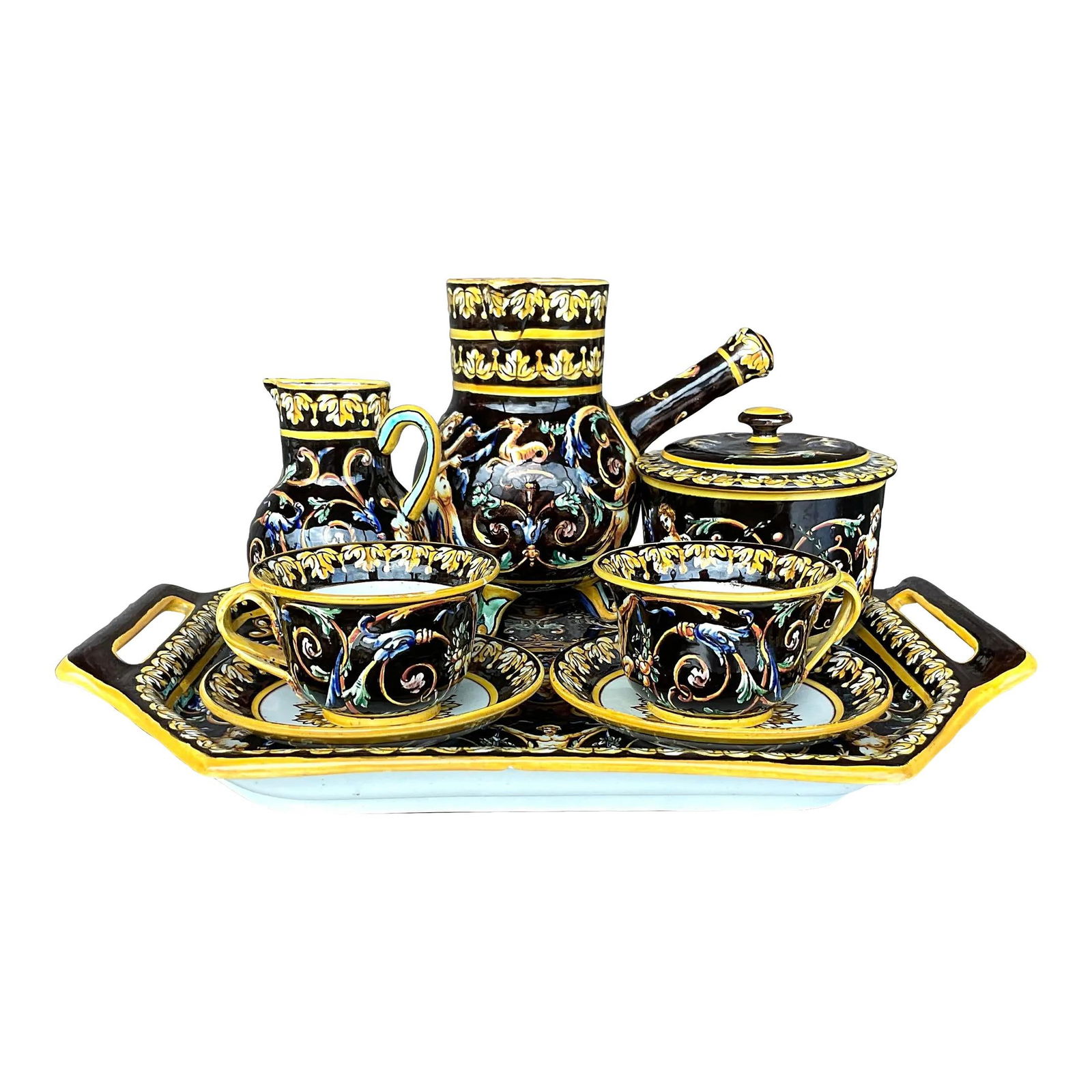 Gien Vintage Regency 19th Century 8 Piece Chocolate Set: Gien Vintage Regency 19th Century 8 Piece Chocolate Set This exquisite vintage Regency chocolate set is a remarkable piece from the esteemed Gien group, known for its high-quality earthenware. The cha