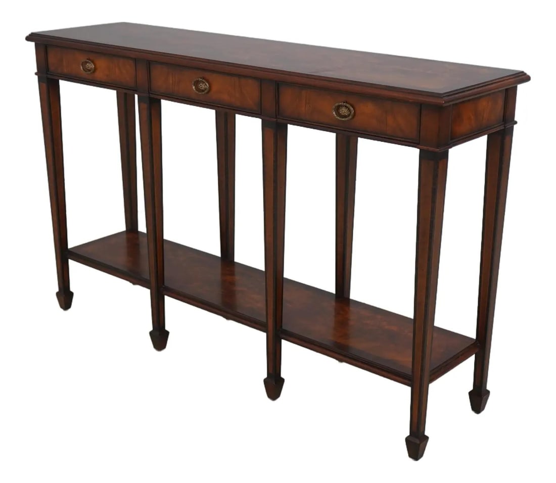 Theodore Alexander Burlwood 3 Drawer Console Table Elegant Design: Theodore Alexander Burlwood 3 Drawer Console Table Elegant Design This stunning Theodore Alexander console table showcases exquisite burl wood craftsmanship. Featuring three dovetailed drawers, it boa