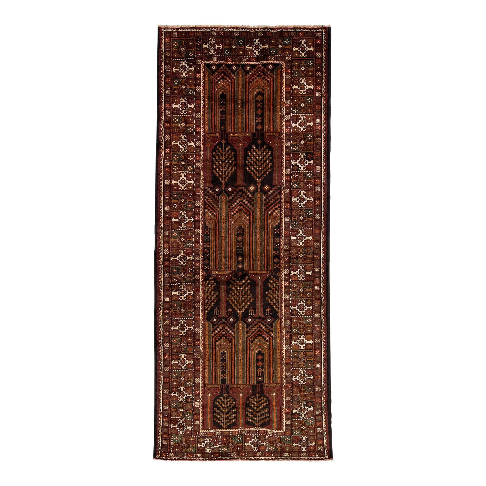 Vintage Persian Shiraz Handmade Red Wool Runner 4'2 x 10'3: Vintage Persian Shiraz Handmade Red Wool Runner 4'2 x 10'3 Discover the charm of this vintage Persian Shiraz hand-knotted wool runner, featuring a vibrant red color field surrounded by a red frame. Th
