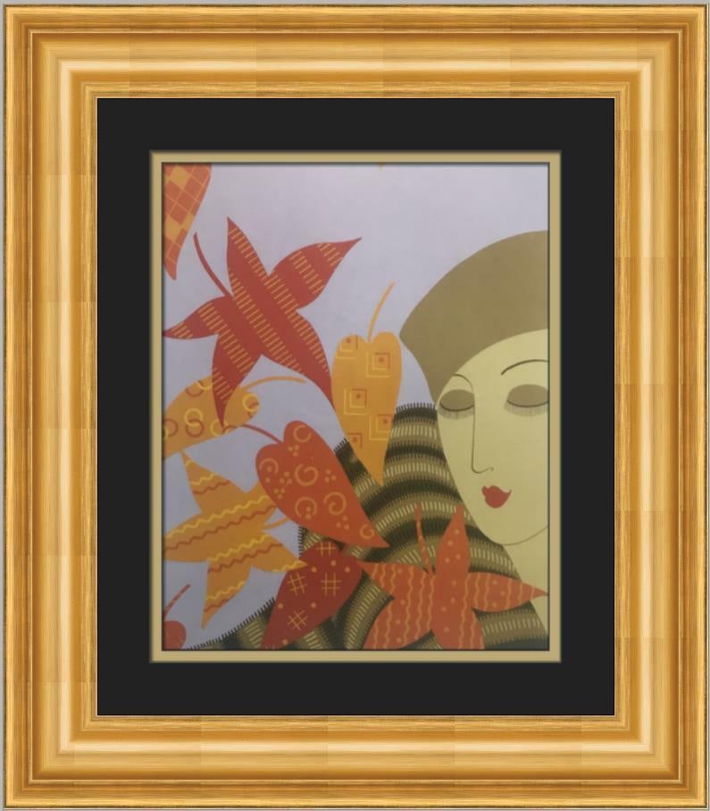 Erte Autumn Art Deco Custom Framed Lithograph Print 18 x 21: Erte Autumn Art Deco Custom Framed Lithograph Print 18 x 21 This exquisite custom framed print titled 'Autumn' by renowned artist Erte captures the essence of the season through its Art Deco style. Cr