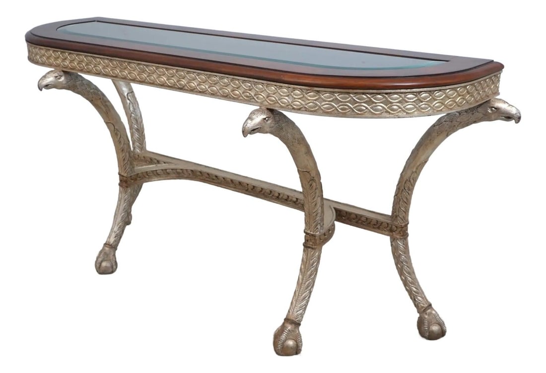 Eagle Carved Regency Sofa Console Table Silver Finish Glass Top: Eagle Carved Regency Sofa Console Table Silver Finish Glass Top Enhance your living space with this exquisite Eagle Carved Regency Style Glass Top Sofa Console Table, approximately 25 years old. This