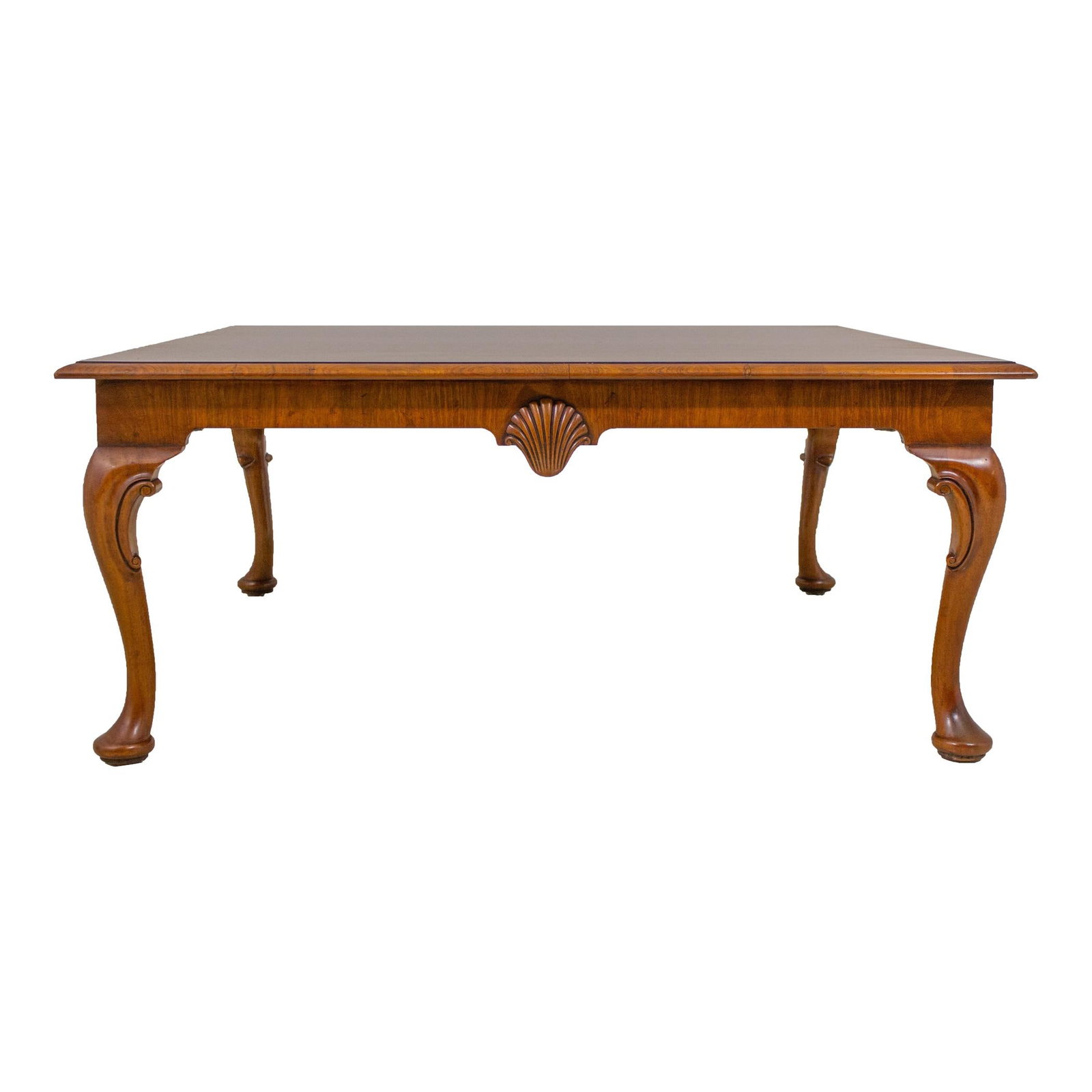 Queen Anne Walnut Coffee Table with Herringbone Inlay 42.5": Queen Anne Walnut Coffee Table with Herringbone Inlay 42.5" Presenting a stunning Queen Anne walnut coffee table, approximately 25 years old, showcasing exquisite fan-carved details and high-quality c