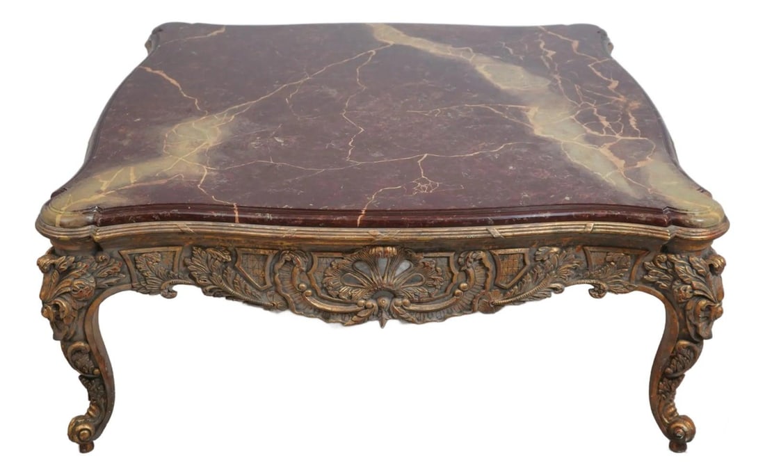 Elegant French Style Faux Marble Coffee Table Antique Gold Base: Elegant French Style Faux Marble Coffee Table Antique Gold Base This stunning French style coffee cocktail table features a beautifully painted faux marble top that adds elegance to any living space. 