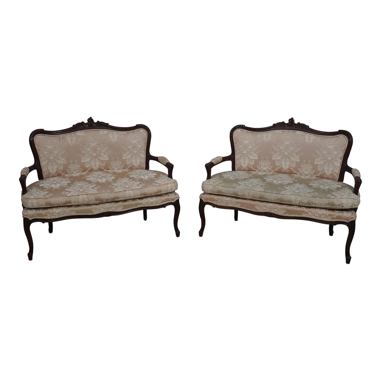 Elegant Pair of French Louis XV Style Upholstered Settees: Elegant Pair of French Louis XV Style Upholstered Settees This elegant pair of French Louis XV style upholstered settees brings a touch of classic charm to any living space. Crafted approximately 30 y